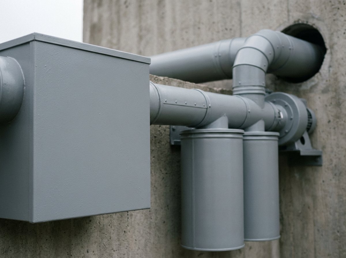 Illustrative image, not a delivered installation — a collective-protection air-filtration pack with a particulate pre-filter, large cylindrical NBC filter canisters and a blower, ducted to a shelter wall, matte and unmarked, no text and no people