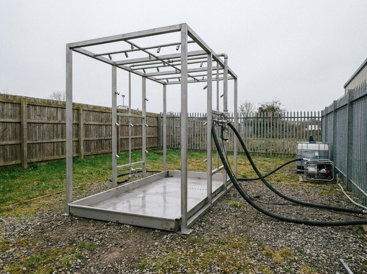 Illustrative image, not a delivered installation — a decontamination line: an open steel framework arch with spray nozzles and a catchment tray, with hoses, empty with no people or vehicle, matte and unmarked, no text