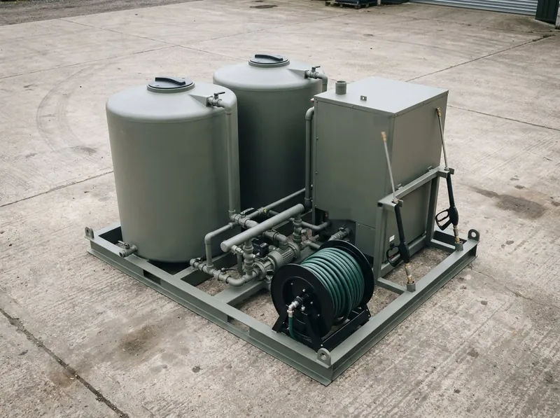 Illustrative image, not a delivered installation — a mobile skid-mounted decontamination unit with water tanks, a hot-water heater, a pump, hose reels and spray lances, in a clean yard, matte and unmarked, no text and no people