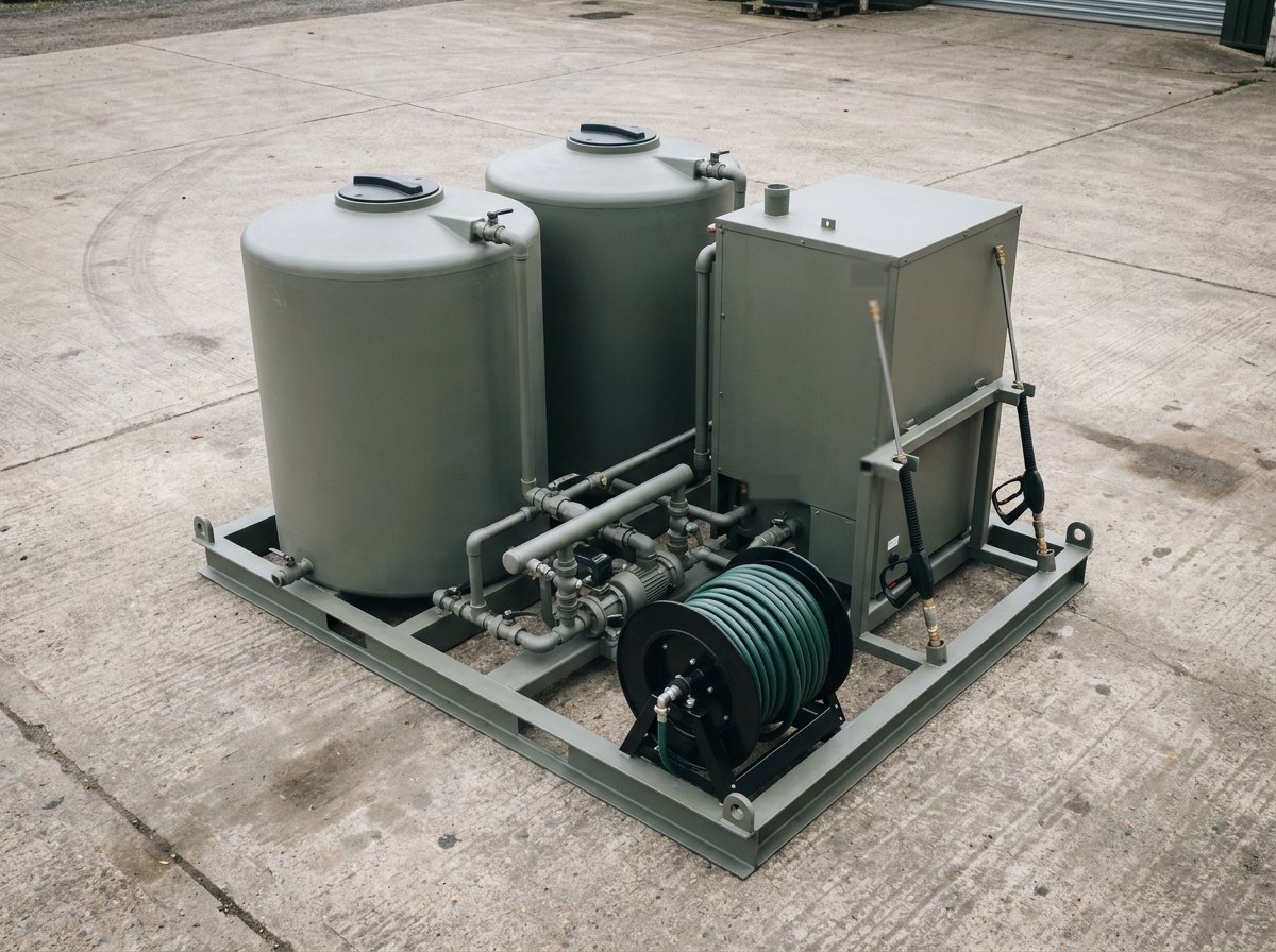 Illustrative image, not a delivered installation — a mobile skid-mounted decontamination unit with water tanks, a hot-water heater, a pump, hose reels and spray lances, in a clean yard, matte and unmarked, no text and no people