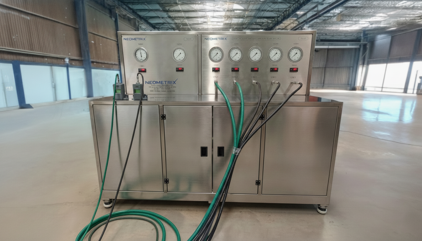Computerized Based Test Bench for Panel Mounted Brake System for LHB Coaches — front elevation showing dual gauge panel and DAQ control cabinet