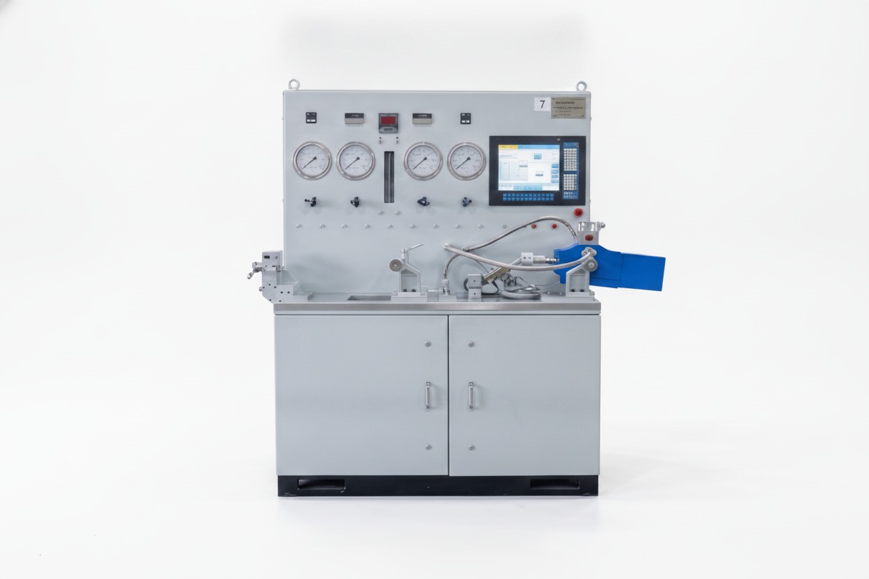 Single-station Combined Control Unit test console — pressure gauge bank, 17-inch touch-screen HMI, and servo-unit test fixture on the table top