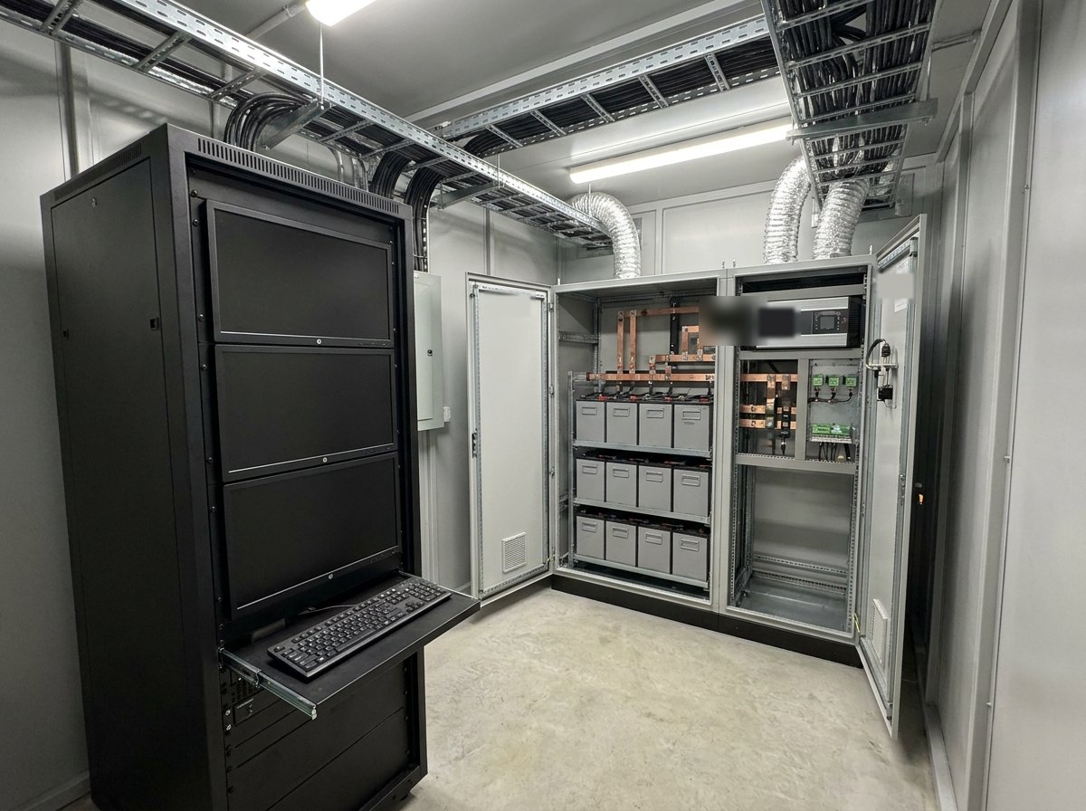 Illustrative image, not a delivered installation — a command-and-control console rack with dark blank screens beside a silent-watch power and battery cabinet with cabling and cooling, inside a shelter interior, matte and unmarked, no text and no people