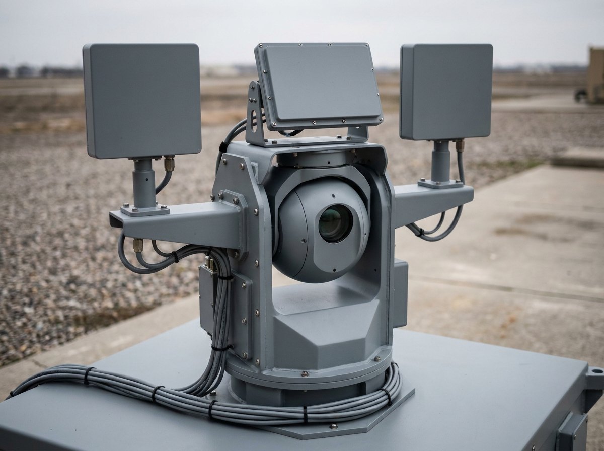 Illustrative image, not a delivered installation — a counter-drone detection suite on a stabilised mast: a flat radar panel, an electro-optical/infra-red gimbal ball and RF antenna panels, sensors only with no weapon, matte and unmarked, no text and no people