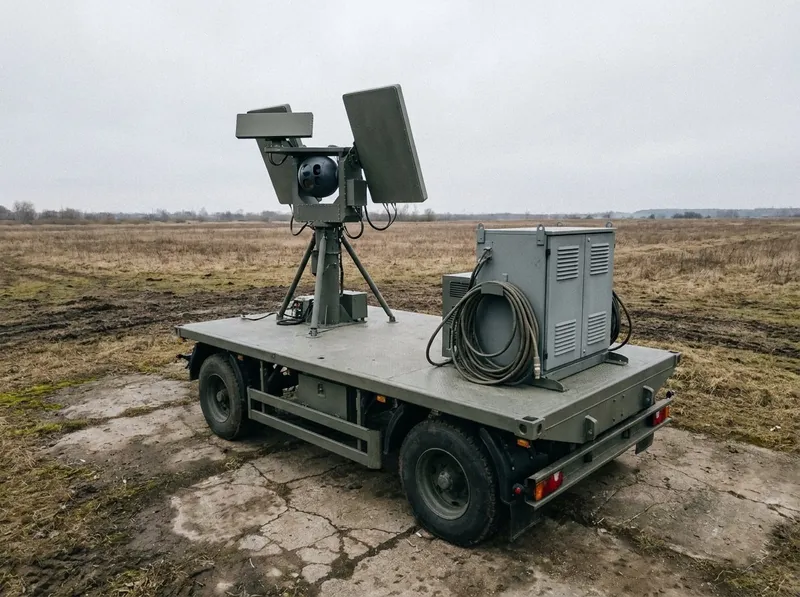 Illustrative image, not a delivered installation — a mobile counter-drone platform on a vehicle carrying a stabilised mast with a flat radar panel, an electro-optical sensor ball and RF antenna panels plus a power module, on hardstanding in an open field, no weapon, matte and unmarked, no text and no people