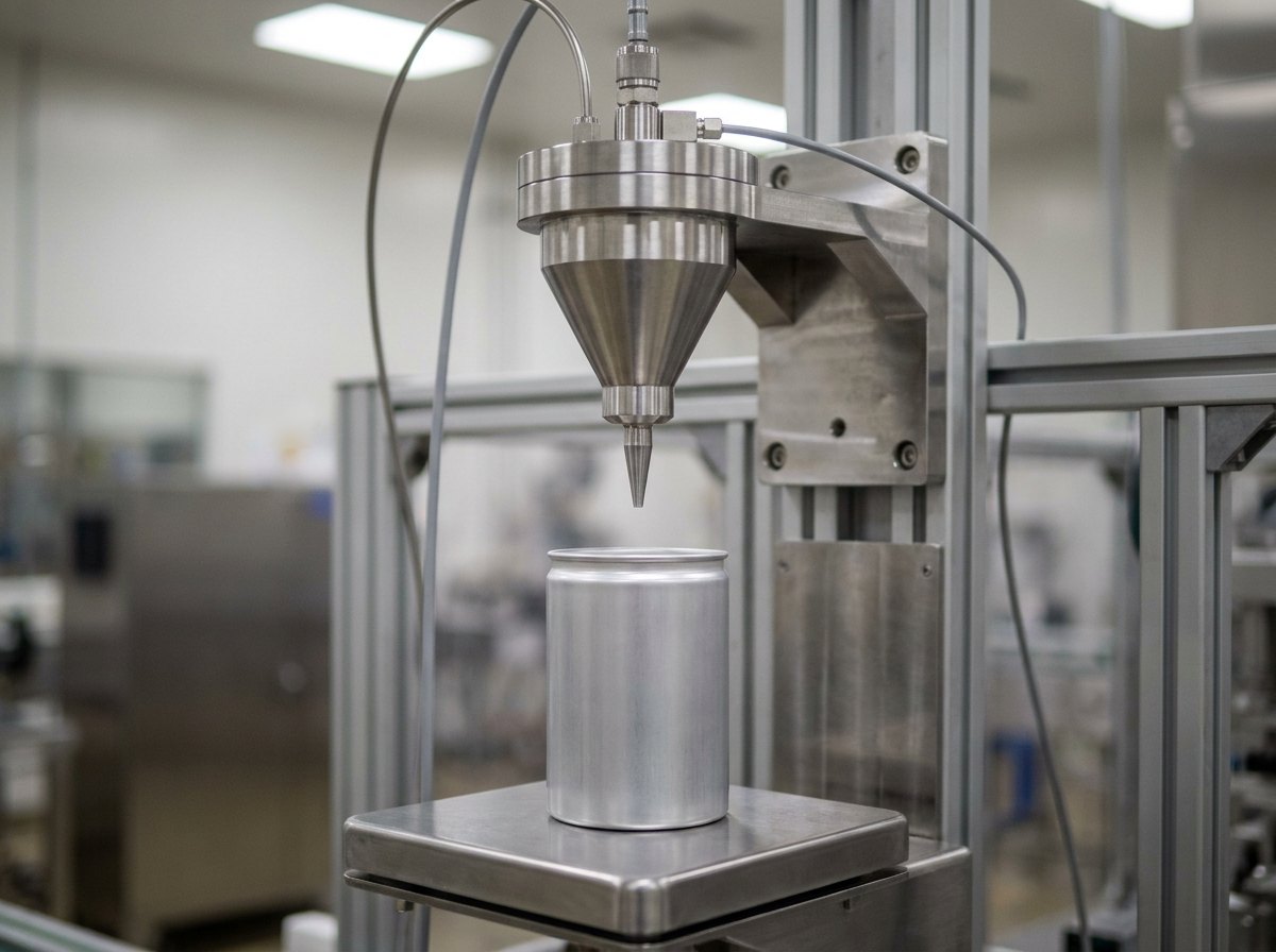 Illustrative image, not the delivered machine — close view of a gravimetric dosing head: a polished stainless conical head with a fine tapered nozzle poised a few centimetres above a single plain empty cylindrical aluminium canister body standing on a small square stainless weighing platform, thin tubing and a slim cable running to the head, machined stainless framing behind, spotless and completely empty, no people and no text
