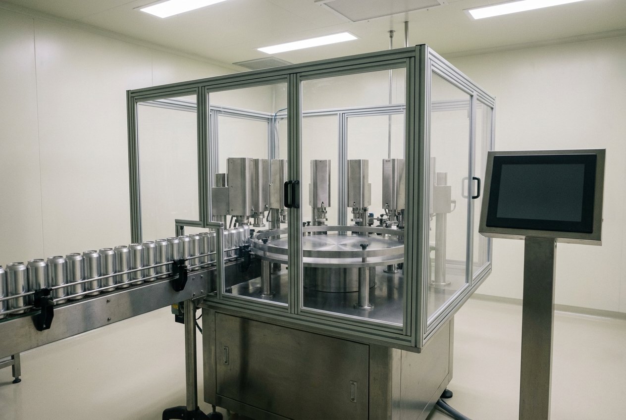 Illustrative image, not the delivered machine — a compact multi-station filling and assembling line in a clean bay: a circular stainless rotary indexing table ringed by upright station heads inside a guarded cabinet of clear polycarbonate panels in grey framing, a straight feed track holding plain unmarked cylindrical aluminium canister bodies, a blank dark touchscreen on a pedestal, pale epoxy floor and walls, everything clean, empty and unattended, no people and no text