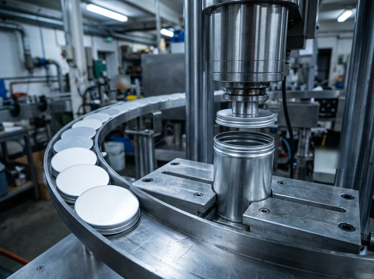 Illustrative image, not the delivered machine — close view of an automatic closing station: a servo torque head on a vertical stainless spindle lowering a plain unmarked flat aluminium cap onto the open top of a cylindrical canister body clamped upright in a machined fixture, a curved feed track alongside holding a row of identical plain caps, polished machine surfaces with light use marks, no people and no text