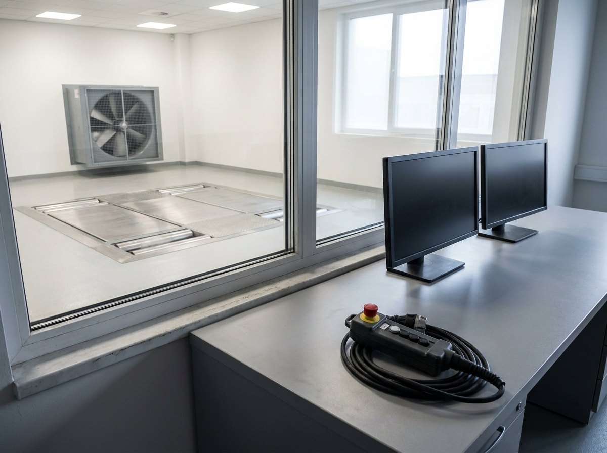 Illustrative image, not a delivered installation — a dynamometer control room seen from inside: an operator desk with dark blank monitors and a control pendant, looking through a wide triple-glazed window onto the test cell where the flush roller plates and a large cooling fan are visible under even lighting