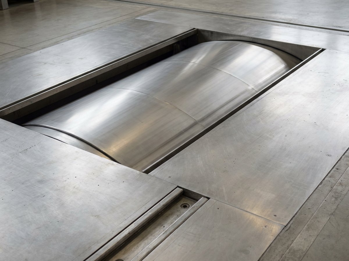 Illustrative image, not a delivered installation — close-up of a chassis dynamometer roll at the pit edge: a large chrome-plated roller with a finely machined surface set flush into the cell floor between stainless cover plates, with a narrow safety gap ring around the roll and anchor rails visible alongside