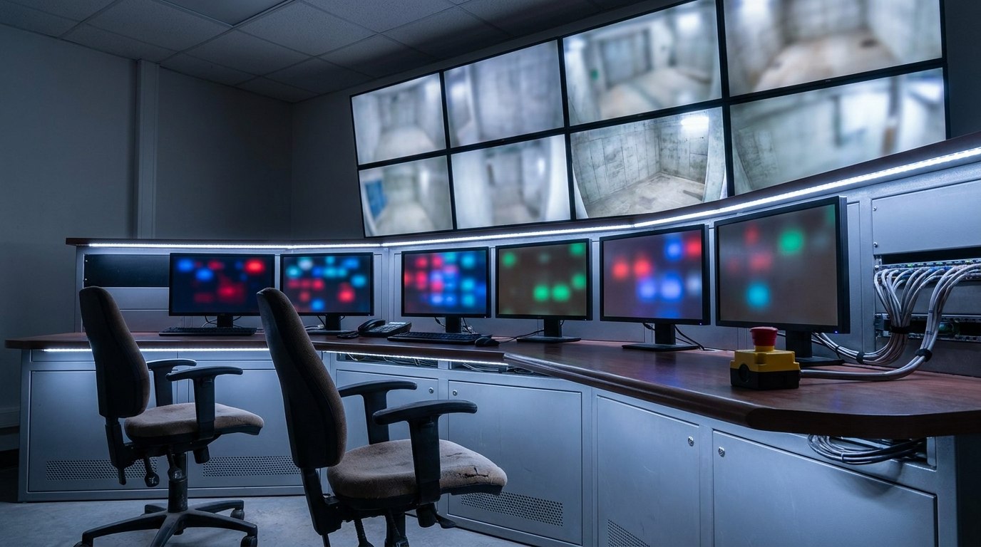 Representative render — a shielded remote control room: operator consoles with process screens and a wall of monitors showing camera feeds of a sealed demilitarization cell, with an emergency-stop control