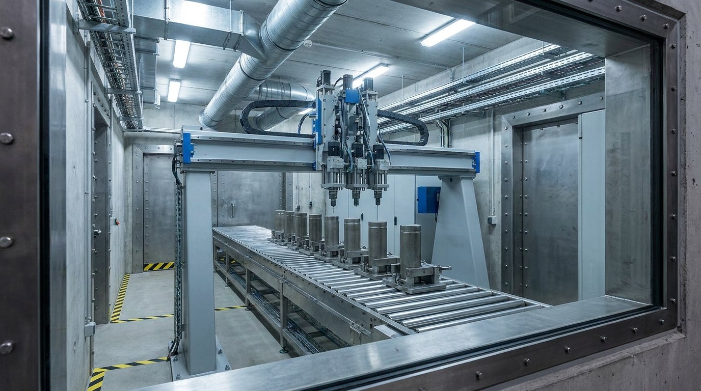 Representative render — a sealed robotic demilitarization cell viewed through a containment window: a steel gantry of multi-head drilling spindles over an automated conveyor with precision clamps, hazard floor striping and extraction ducting