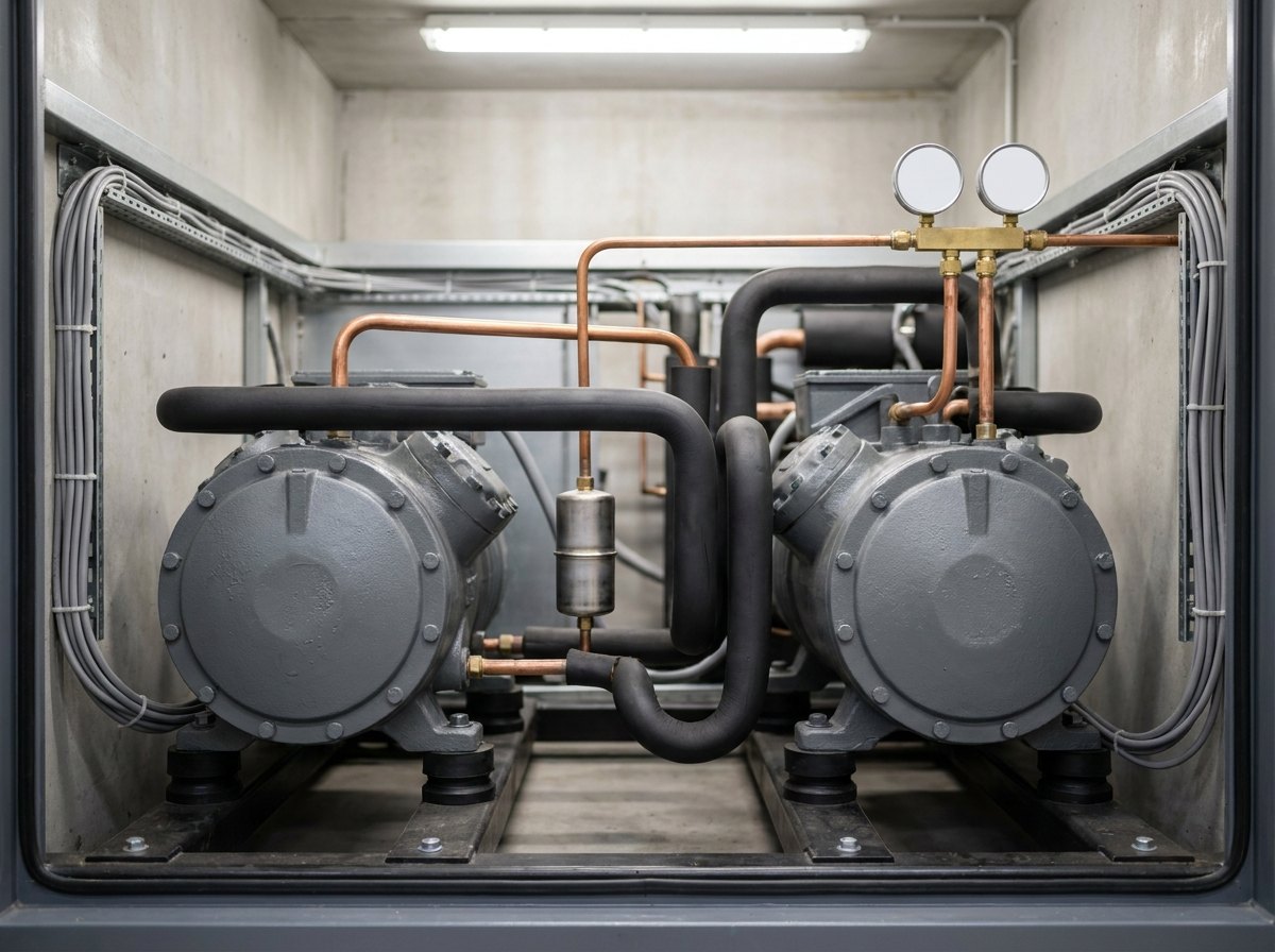 Illustrative render — the machinery bay of a climatic chamber with its access panel removed: two graphite-grey semi-hermetic refrigeration compressors side by side on rubber anti-vibration feet on a steel base frame, thick foam-insulated suction lines and bare copper discharge lines running between them, a cylindrical filter drier, two plain pressure gauges on a brass manifold, and looms of grey cable in trunking