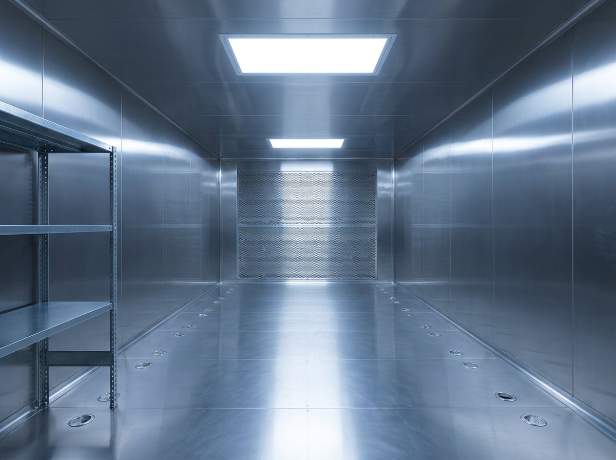 Illustrative render — the interior of a walk-in environmental chamber: polished stainless steel walls with welded corner seams, a perforated air-return plenum along one wall, adjustable stainless shelving on a rack frame, recessed sealed ceiling lights, and anchor sockets set into the chamber floor