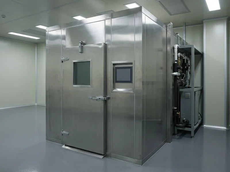 Illustrative render — a walk-in climatic test chamber in a laboratory: a large insulated stainless-clad room with a heavy sealed door carrying a square toughened viewing window, a touch-screen control panel mounted beside the door frame, and a machinery bay alongside holding the refrigeration compressors and pipework