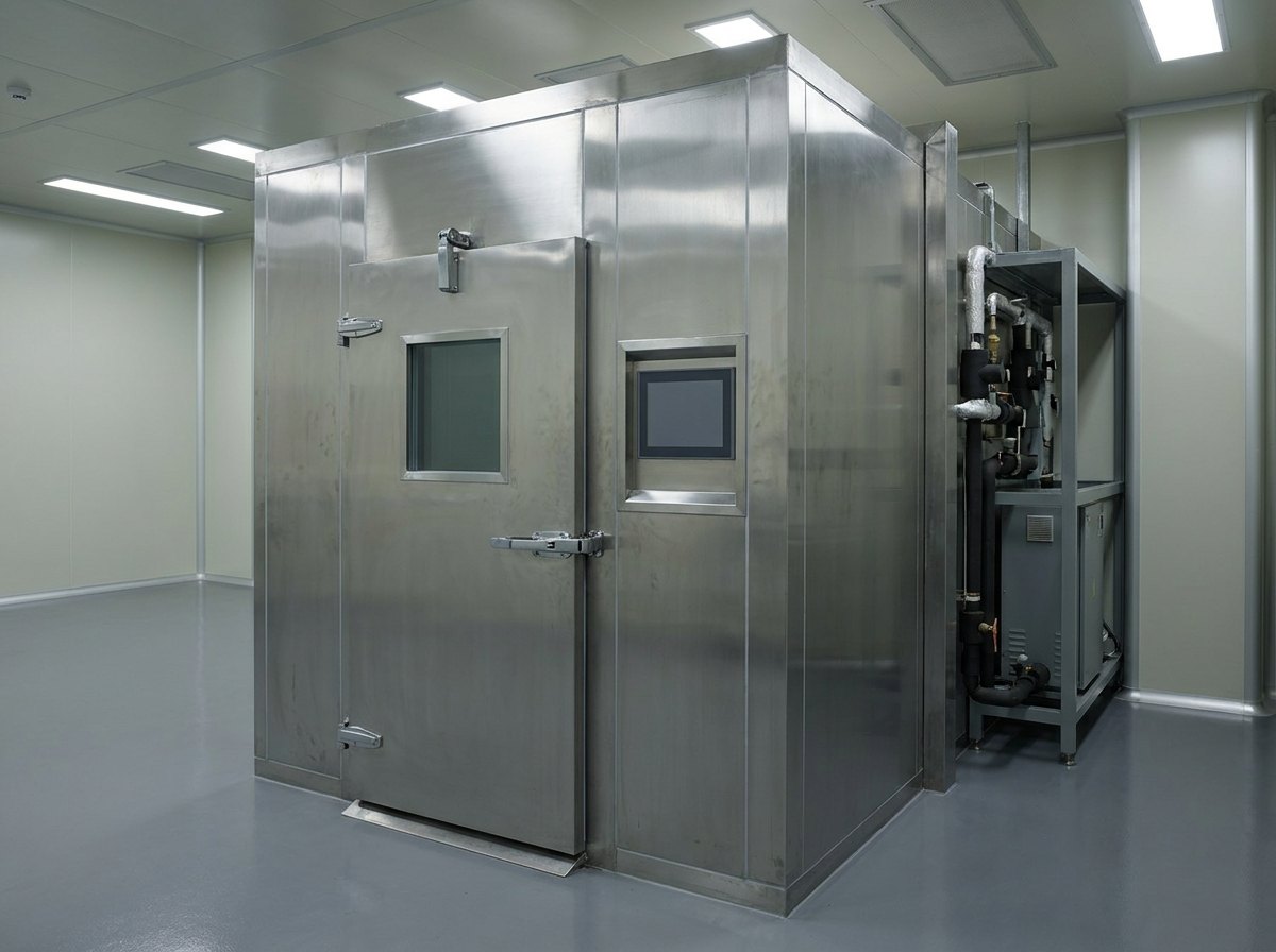 Illustrative render — a walk-in climatic test chamber in a laboratory: a large insulated stainless-clad room with a heavy sealed door carrying a square toughened viewing window, a touch-screen control panel mounted beside the door frame, and a machinery bay alongside holding the refrigeration compressors and pipework