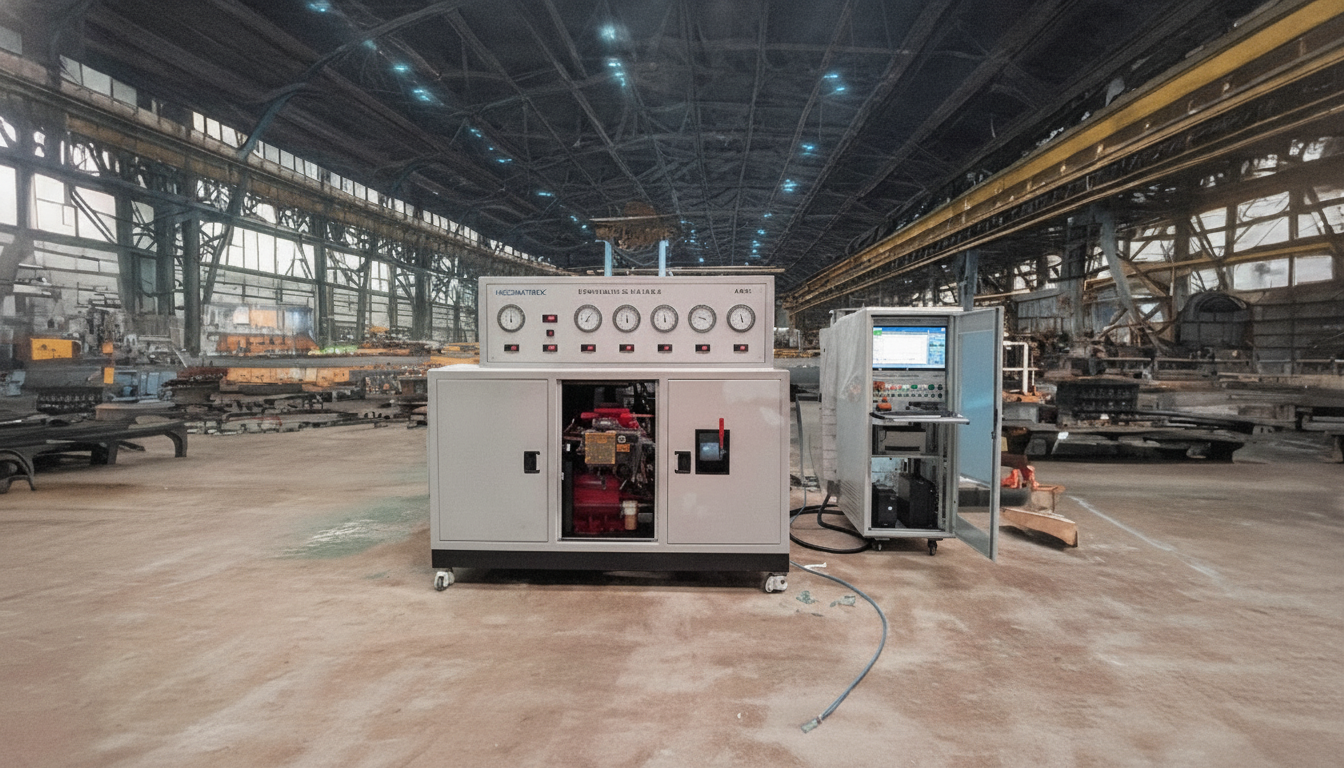 Computerized Microprocessor Controlled DV Test Bench — Neometrix test bench with pneumatic module, gauge panel and control rack on a shop floor