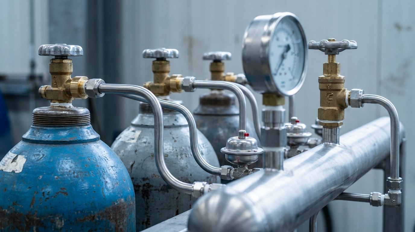 Illustrative render — a high-pressure cylinder manifold in close-up: cylinder necks with brass and stainless valves, curved stainless pigtail tubes with compression ferrule fittings running into a horizontal header pipe, burst-disc safety devices on the branches, and a pressure gauge and isolation valve on the header