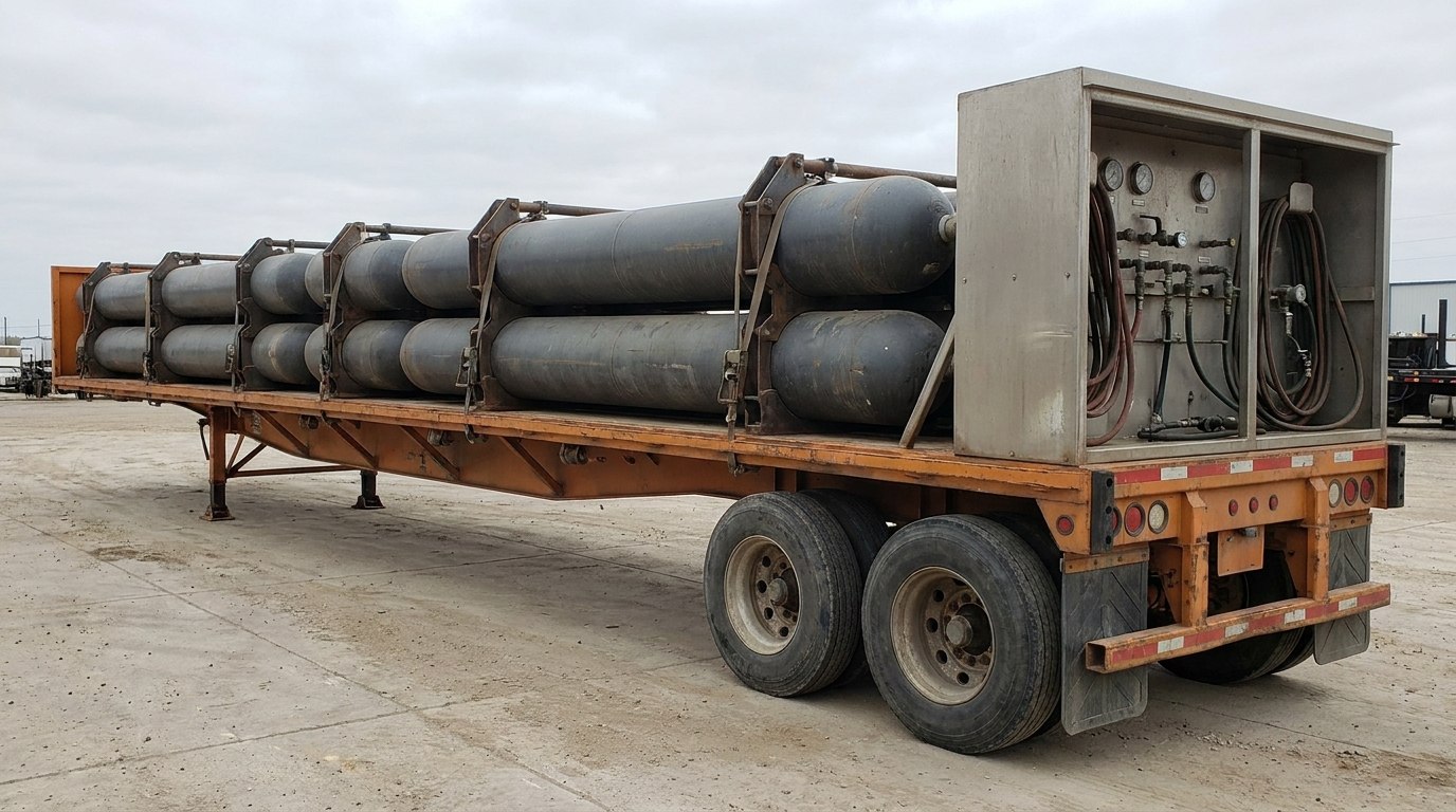 Illustrative render — a mobile gas cascade on a road trailer: a long steel skid frame on a flatbed semi-trailer carrying a bank of horizontal high-pressure cylinders held by heavy saddle clamps and tie bars, with a valve and manifold cabinet at the rear carrying pressure gauges and hose connections