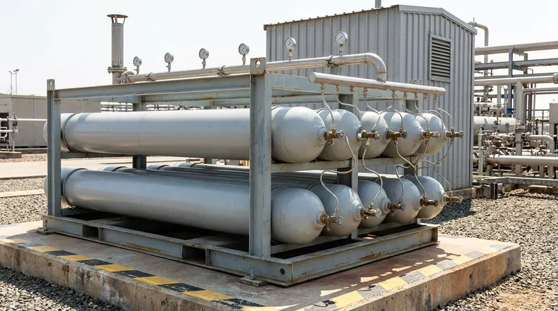Illustrative render — a stationary high-pressure gas storage cascade at a CNG station: a steel frame rack holding two rows of horizontal seamless steel cylinders, each with a valve and stainless pigtail running to a common manifold header with pressure gauges, a vent line rising at one end, bolted to a concrete plinth with hazard striping