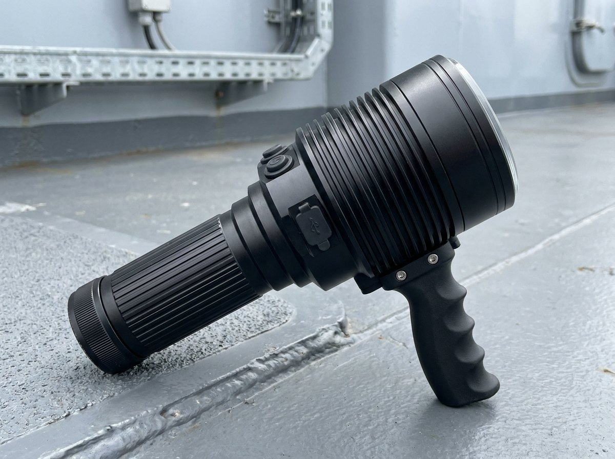 Representative render — compact damage control torch on a warship deck: black hard-anodised aluminium searchlight with deep-finned head, flat toughened lens, twin sealed switches, covered USB port, ribbed battery barrel and bolted finger-groove grip handle