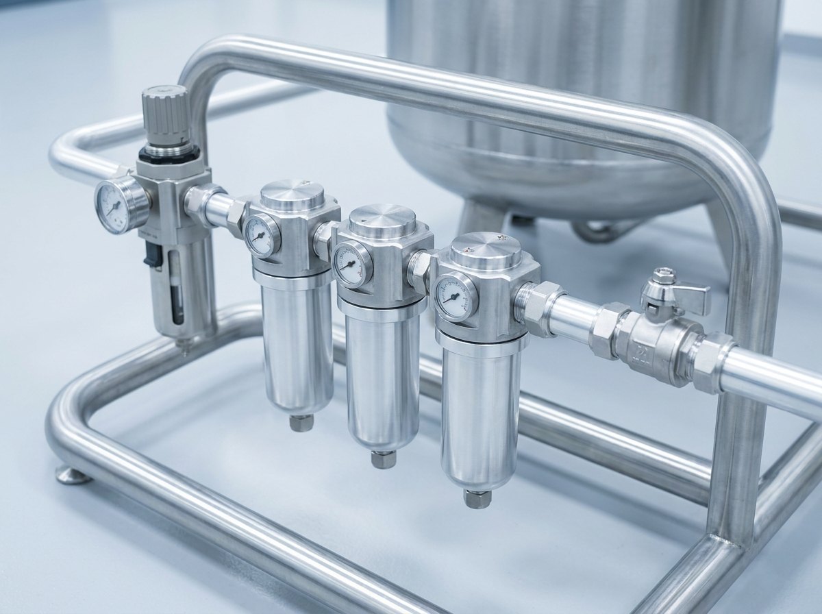 Three-stage compressed air filter bank on a stainless steel stand — filter-regulator with pressure gauge followed by fine filter housings with differential pressure indicators and an outlet ball valve