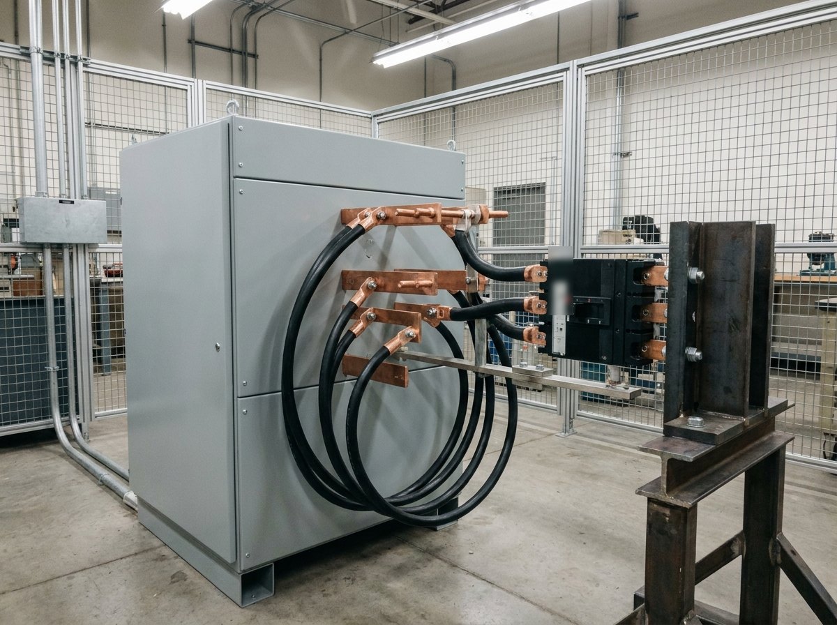 Illustrative image, not a delivered installation — a high-current primary-injection unit: a large step-down transformer and variac cabinet with heavy copper output busbars and thick flexible cables looping to a moulded-case circuit breaker clamped in a test fixture, matte grey steel and copper, no text and no people