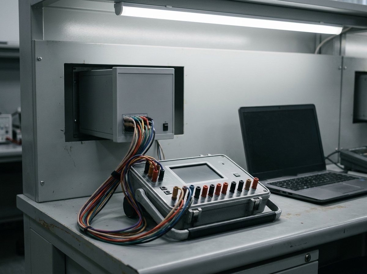 Illustrative image, not a delivered installation — a protective-relay test bench: a numerical protection relay in a panel connected by coloured test leads to a portable secondary-injection test set with rows of output terminals and a controller, matte and unmarked, no text and no people