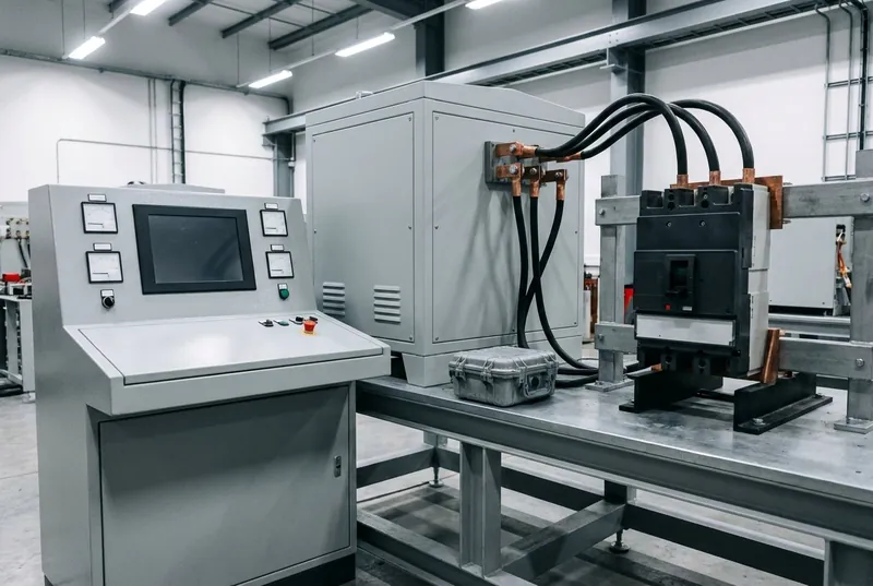 Illustrative image, not a delivered installation — an electrical switchgear test bench: a control console with instrument panels beside a large primary-current injection unit with heavy copper output studs and cables connected to a moulded-case circuit breaker clamped on a test bed, no text, no markings and no people