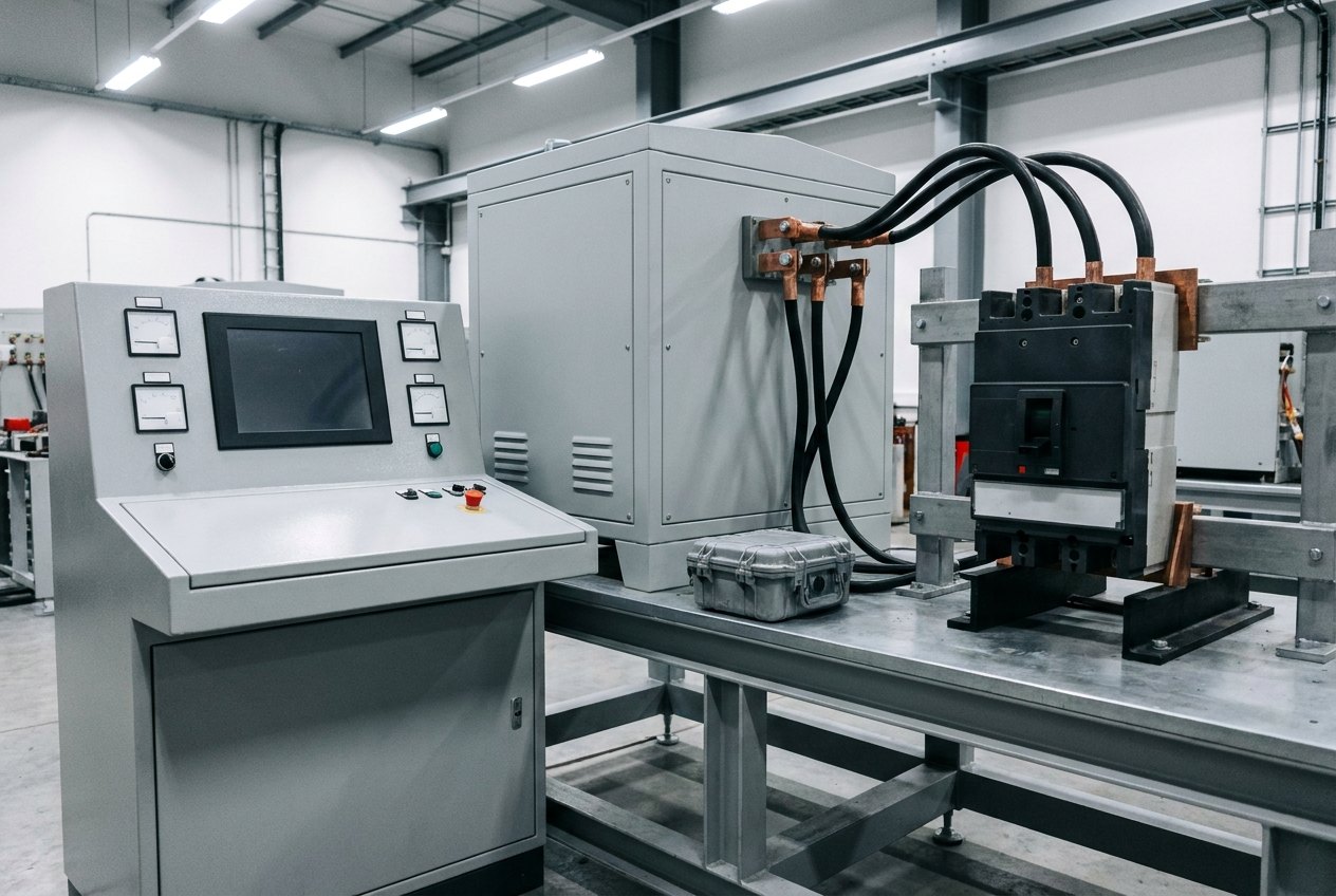 Illustrative image, not a delivered installation — an electrical switchgear test bench: a control console with instrument panels beside a large primary-current injection unit with heavy copper output studs and cables connected to a moulded-case circuit breaker clamped on a test bed, no text, no markings and no people
