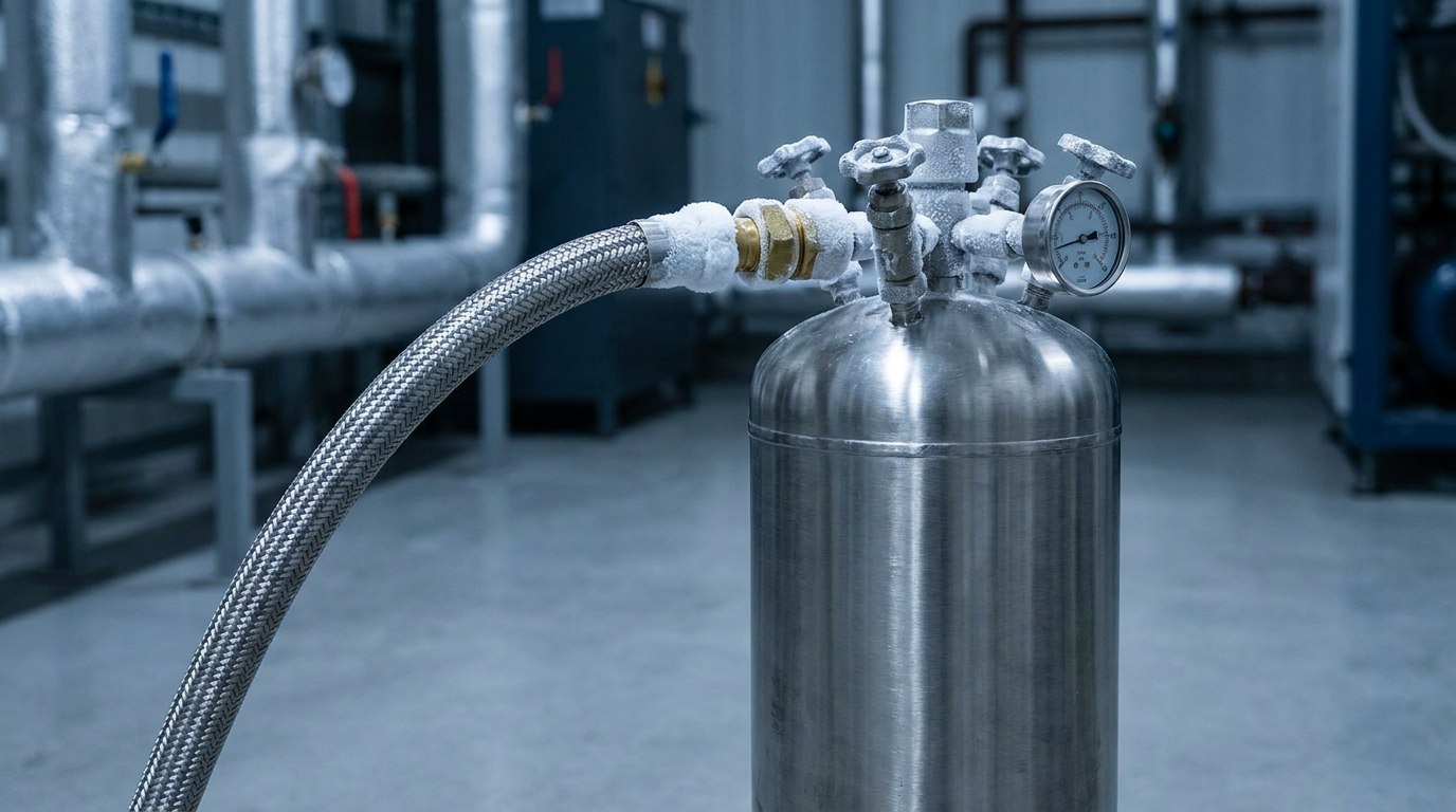 Representative render — a compact vertical cryogenic dewar with a frosted valve head and pressure gauge, connected by a braided stainless-steel super-insulated flexible transfer hose with frost on the cold couplings