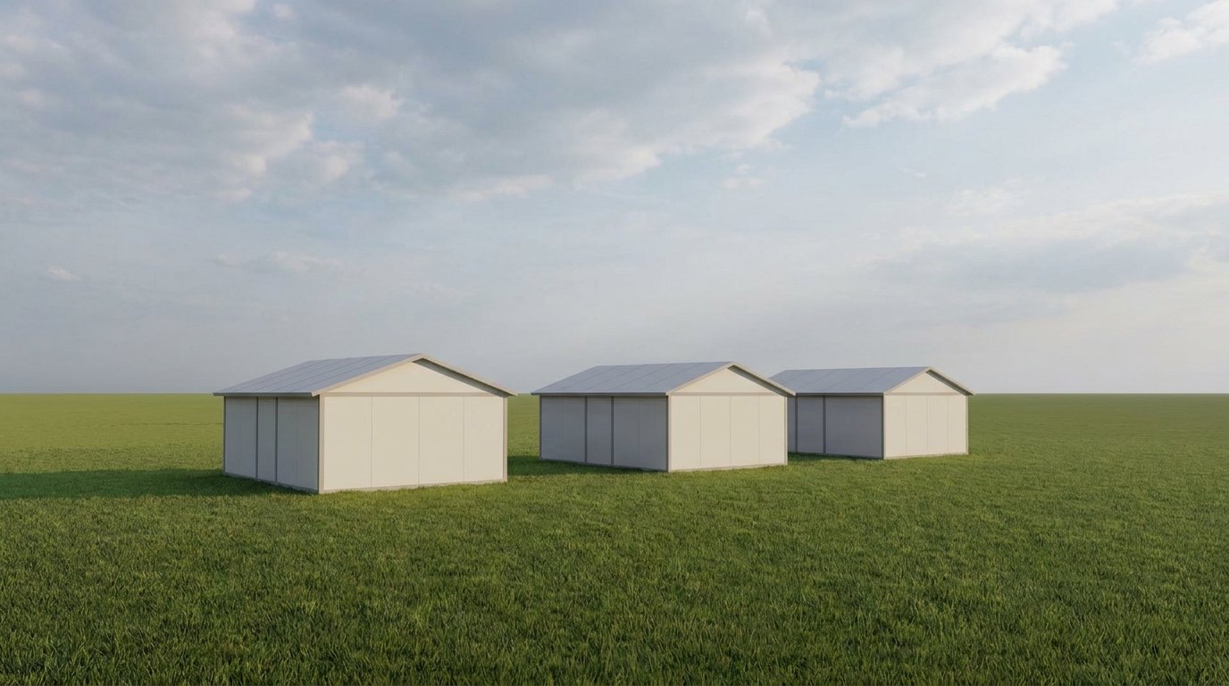 A small cluster of three flat-pack modular disaster relief shelters with plain pitched roofs and light-coloured wall panels, standing directly on open grass with no visible foundation, and no people