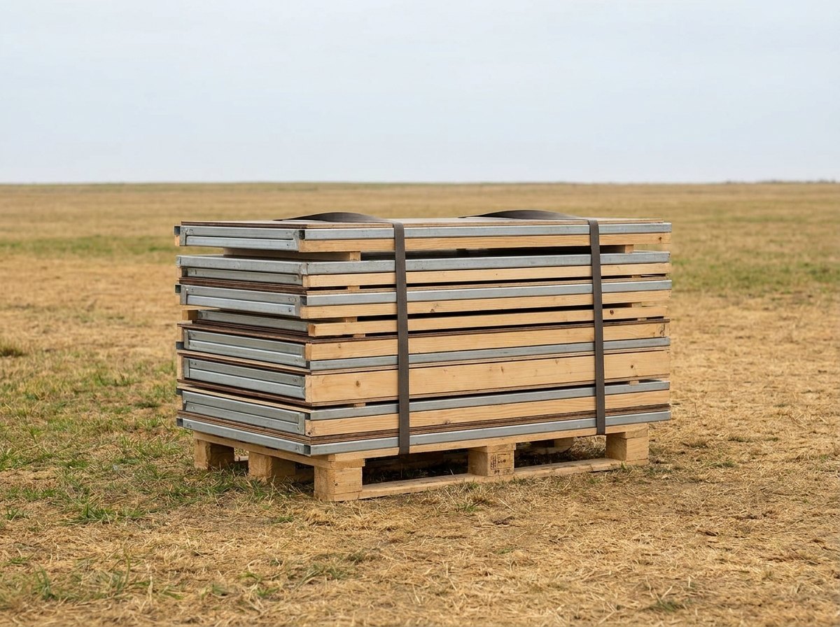 A flat-packed shelter kit staged on open ground: a neat stack of thin wall and roof panels bound with transport straps on a wooden pallet, and no people