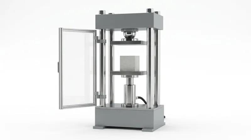 A single compression testing machine on a plain white studio background: a rigid four-column frame with a grey painted steel base block, four thick polished steel columns and a heavy grey crosshead, a polished ram carrying a lower platen, an upper platen hanging on a bright spherical seat, a pale grey concrete cube between the platens, and a clear safety guard standing open on its hinge, and no people