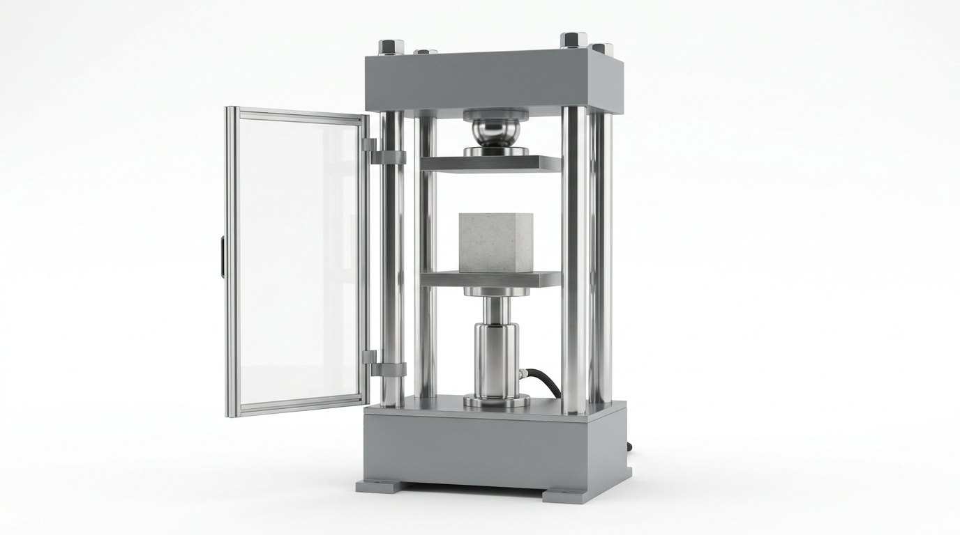 A single compression testing machine on a plain white studio background: a rigid four-column frame with a grey painted steel base block, four thick polished steel columns and a heavy grey crosshead, a polished ram carrying a lower platen, an upper platen hanging on a bright spherical seat, a pale grey concrete cube between the platens, and a clear safety guard standing open on its hinge, and no people