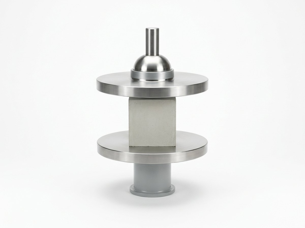 A single pair of compression platens on a plain white studio background: a bright hardened polished steel lower platen disc on a short grey base, a pale grey concrete cube centred on it, and an upper platen disc carried by a bright steel spherical seat with a short stem, and no people