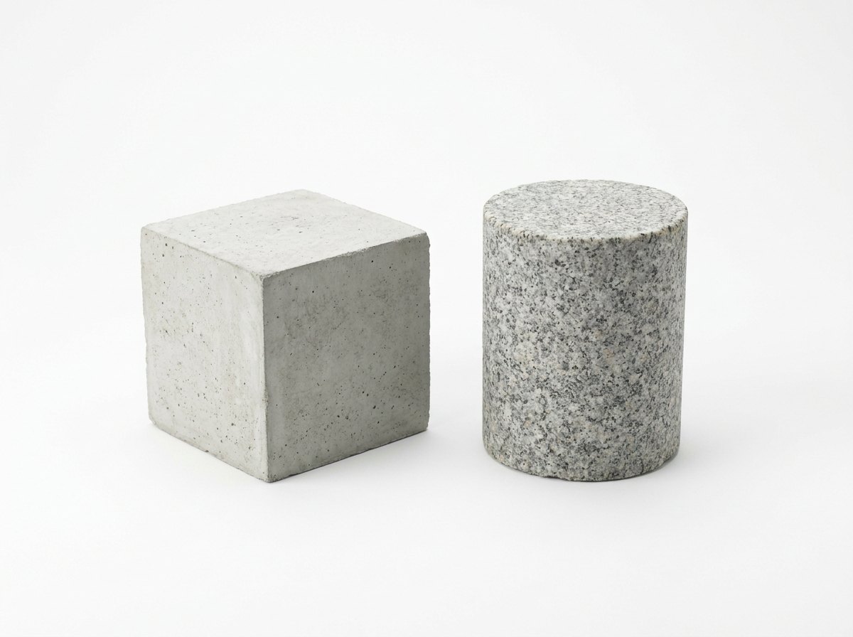 Two test specimens on a plain white studio background: a pale grey concrete cube with slightly rough cast sides standing beside an upright cylindrical core of speckled grey granite with flat sawn ends, and no people