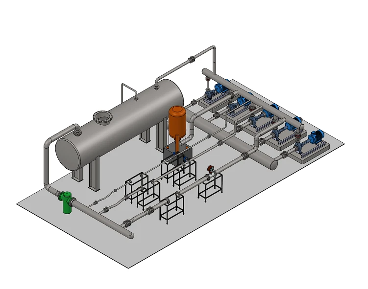 CV Test Rig &mdash; photo-realistic isometric 3D render showing reservoir, accumulator, pump station, and instrumented pipework on skid base