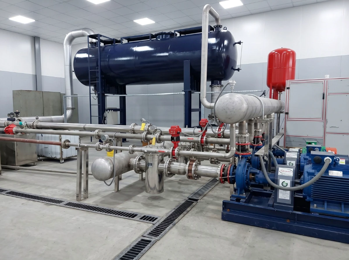 CV and Control Valve Test Rig &mdash; close-up of pump cascade with blue centrifugal pumps, motors, SS304 pipework, and red accumulator