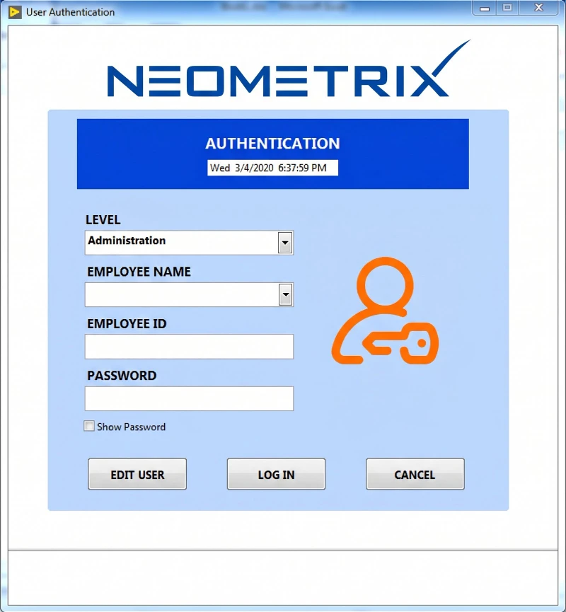 LabVIEW authentication screen with role-based access