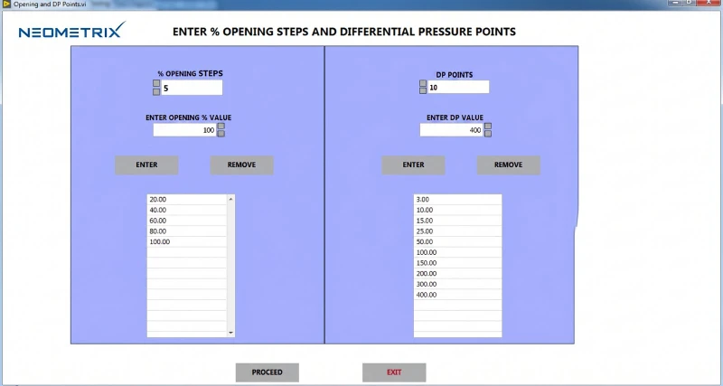 LabVIEW test configuration: opening steps and DP points