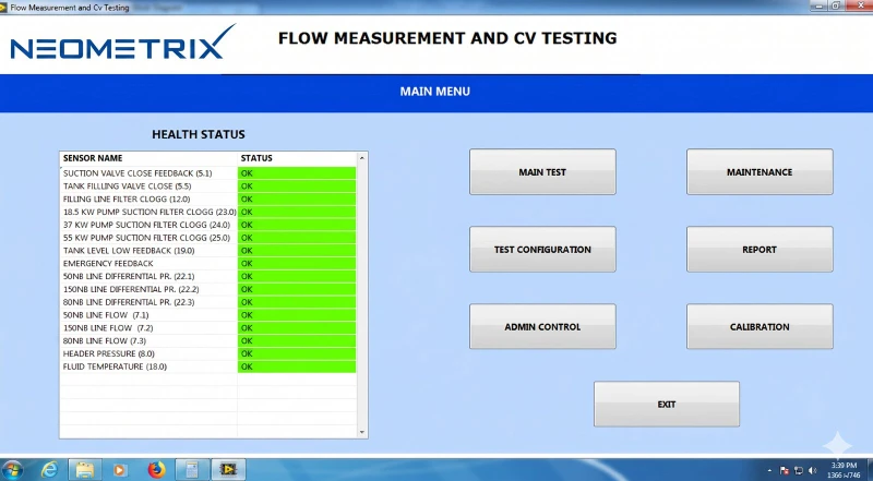 LabVIEW main menu dashboard with sensor health status