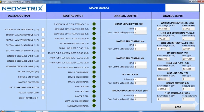 LabVIEW maintenance screen with digital and analog I/O monitoring