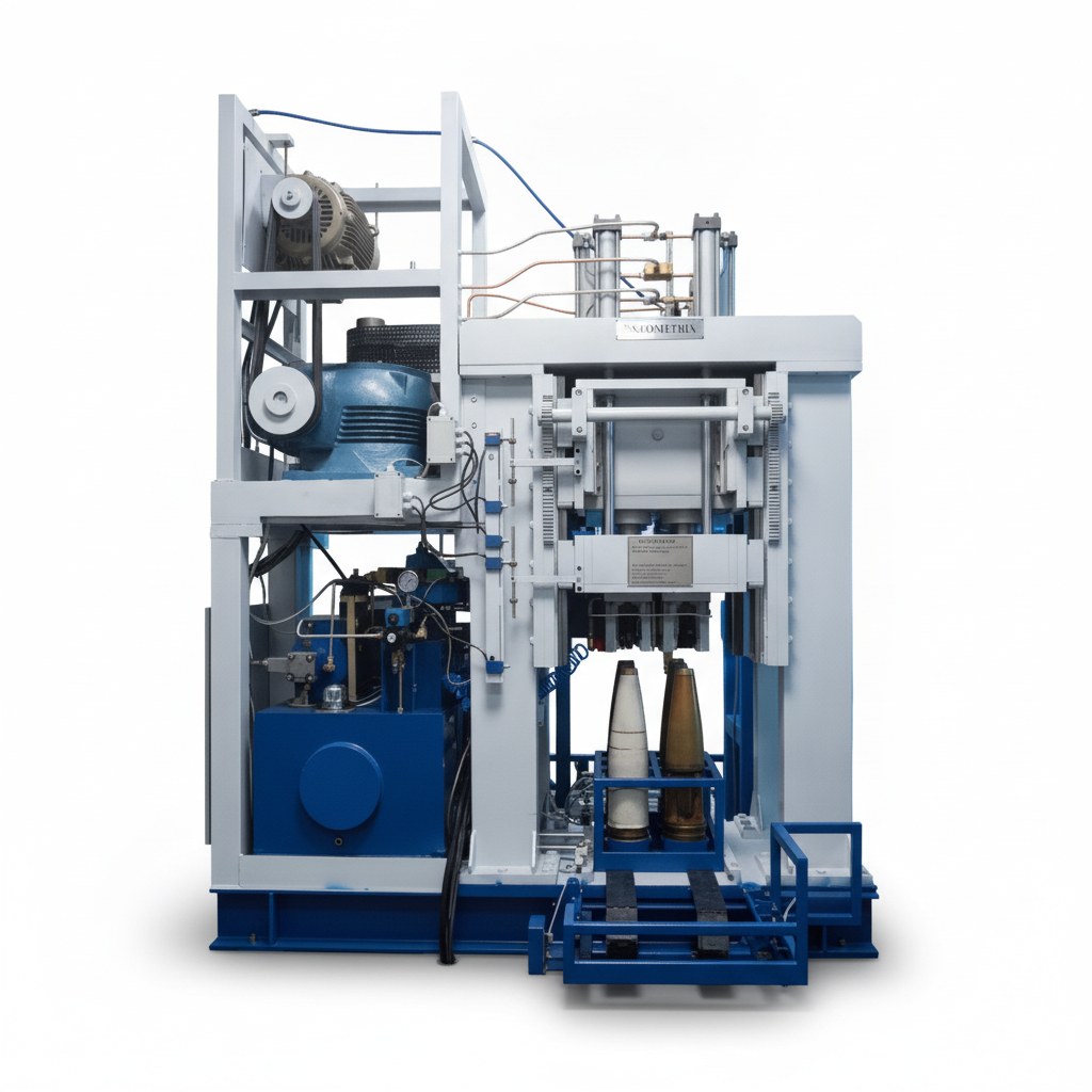 Neometrix hydraulic press station, front view: white steel frame with motor and belt drive, blue hydraulic power unit, central press with guide columns and a blue loading trolley on rails