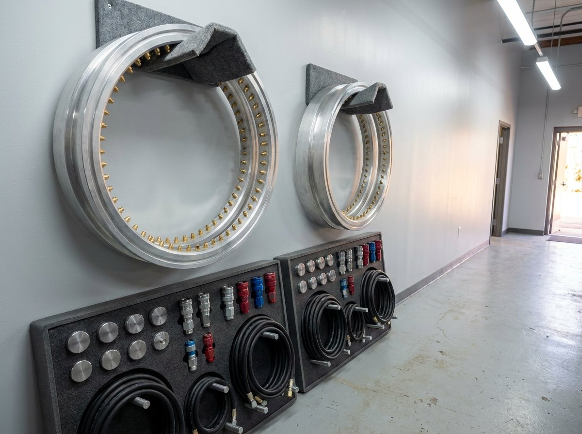 Illustrative of the class — a fit-kit storage rack in a clean equipment room: two large ring-shaped spray manifold assemblies in bright machined aluminium with rows of fine brass nozzles around their inner faces hung on padded cradles, fitted foam trays below holding rows of machined blanking caps, red and blue anodised quick couplings and neatly coiled hoses, no people and no readable markings