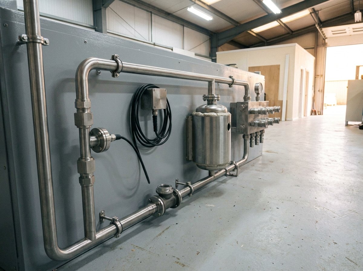 Illustrative of the class — close view of the metering section of a washing rig in a clean workshop: bright polished stainless pipework with an inline flowmeter body seen edge-on, a small conductivity sensor housing with a thin cable, a compact insulated heater vessel, quick-coupling outlets on a machined manifold block, one small round gauge turned away, fresh grey panel behind, no people and no readable markings