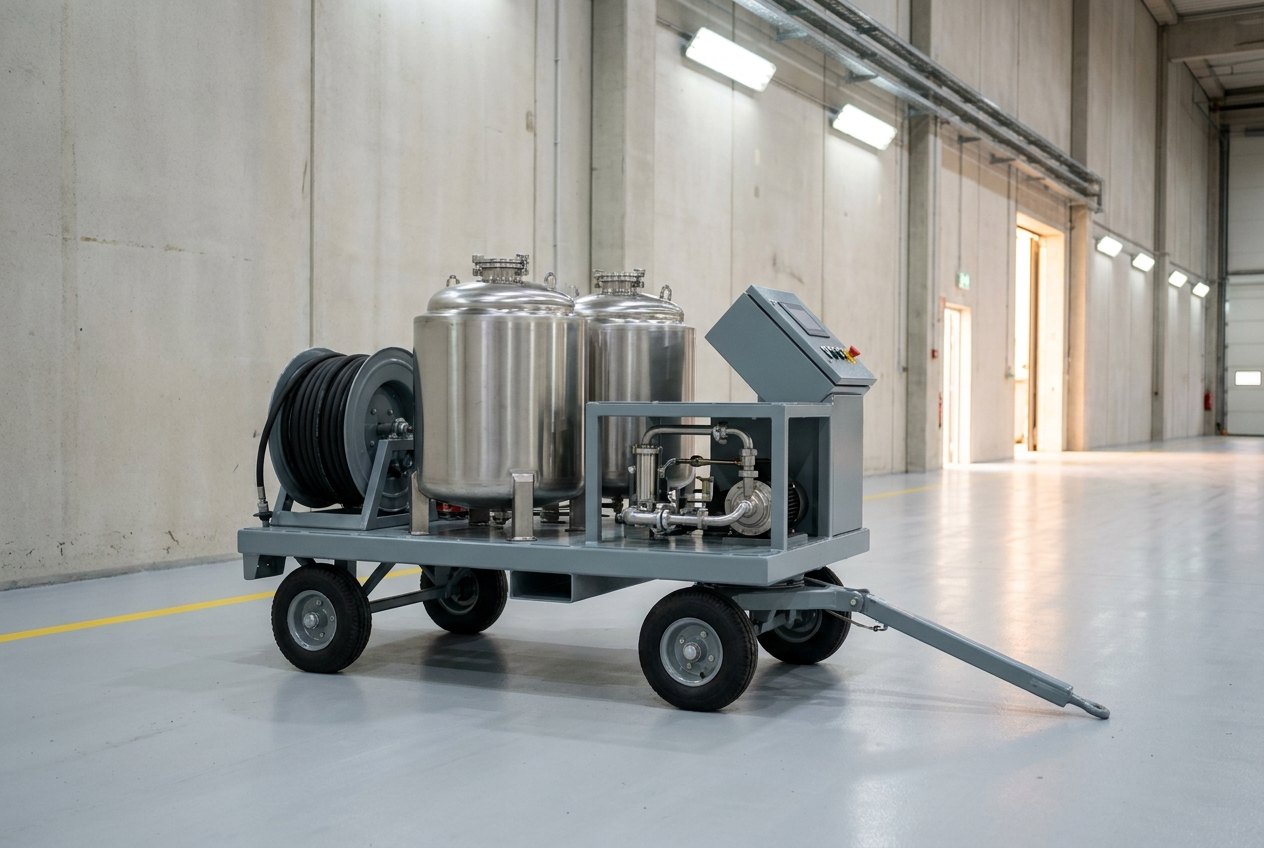 Illustrative of the class — a mobile engine compressor washing rig in a clean hangar-style bay: a sturdy four-wheeled cart in fresh machine-grey paint carrying two polished stainless-steel tanks with domed tops, a pump bay with bright pipework and a valve manifold between the tanks, a hose reel with clean black hose, a compact control panel angled away, a towing drawbar at the front, clean light floor with a yellow line, no people and no readable markings