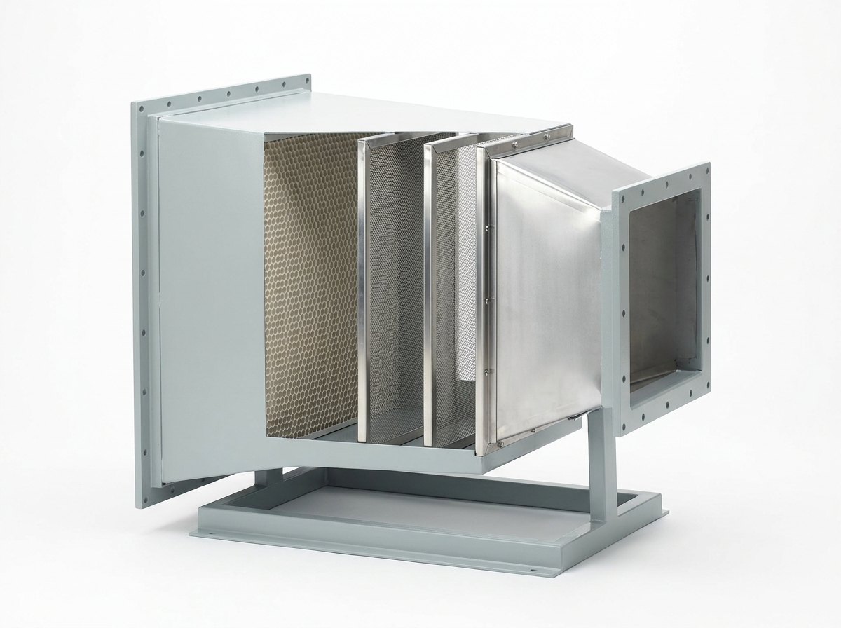 A flow conditioning assembly of a wind tunnel on a plain white studio background: a pale grey painted steel duct with bolted flanges and one side cut away to show a panel of fine honeycomb cells, two fine mesh screens in bright frames and a smooth bright sheet steel contraction ending in a rectangular opening, on a low grey base, and no people