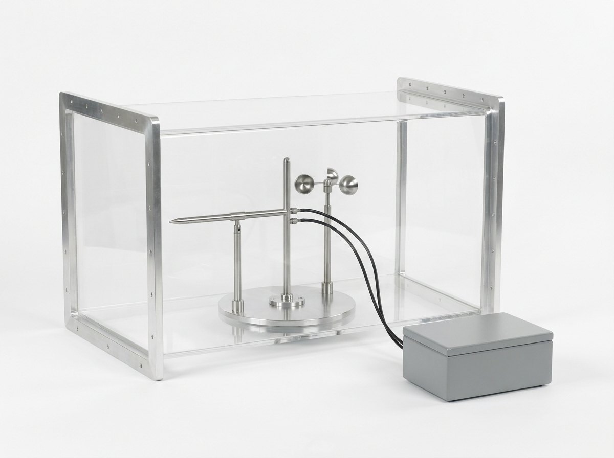 A test section of a calibration wind tunnel on a plain white studio background: a clear acrylic box in bright aluminium frames holding a slender pitot-static tube and a small three-cup anemometer on stainless steel stands on a round aluminium mount plate, two black tubes leading to a plain grey box beside it, and no people