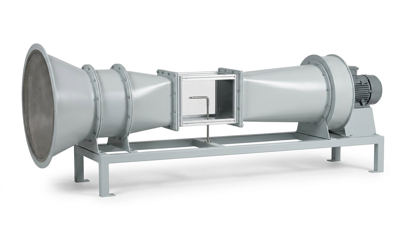 A calibration wind tunnel on a plain white studio background: a long horizontal tunnel of pale grey painted sheet steel on a low grey steel frame, with a wide bell-shaped inlet covered by a fine mesh, a flanged straight section, a tapering contraction, a clear test section in a bright aluminium frame with a slender pitot-static tube, a widening diffuser, and at the right end a round fan housing with a grey electric motor, and no people